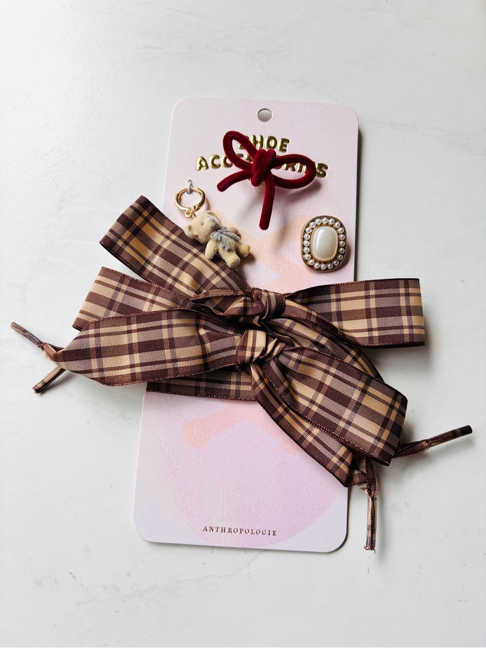 NWT Anthropologie Shoe Charm & Laces Set Brown Plaid & Teddy Bear - Picture 3 of 4
